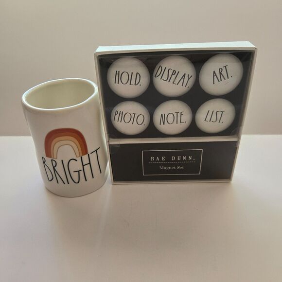 Rae Dunn Office Bundle BRIGHT Ceramic Cup 6 Pc Glass Magnets Organization - Picture 1 of 7